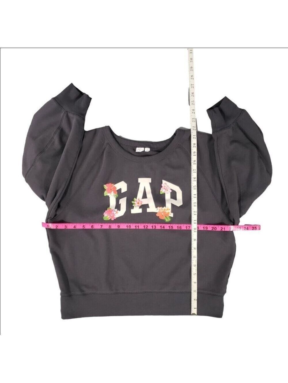 Gap Women's Sweatshirt Size L Gray Pink Floral Logo Crewneck - Picture 6 of 7